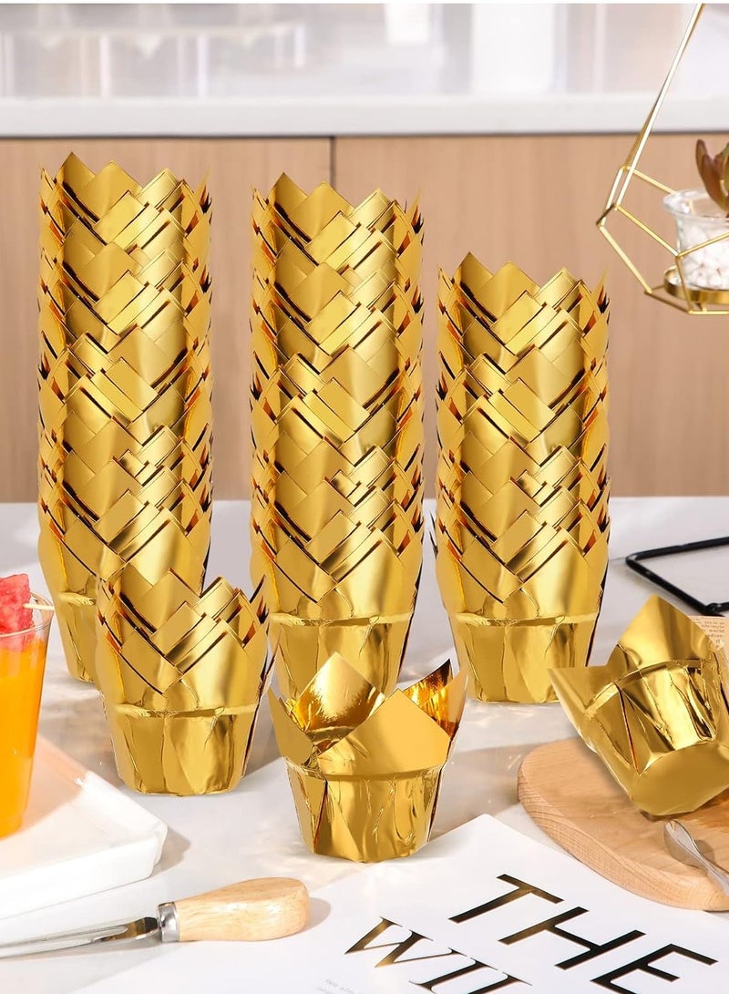 Tulip Cupcake Liners for Baking Muffin Aluminum Foil Paper Baking Cups Disposable Cupcake Wrappers Greaseproof Muffin Liners for Wedding Birthday(Gold, 100 Pcs)  - Image 3