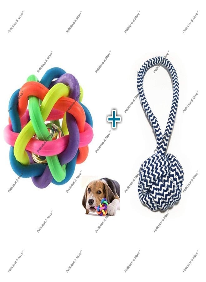 PETLICIOUS & MORE كرة صوتية من بيتليشوس آند مور (صغيرة) مع لعبة حبل للجراء (متوسطة) لعبة شد للكلاب والجراء - مجموعة من قطعتين (قد يختلف اللون) - Image 1