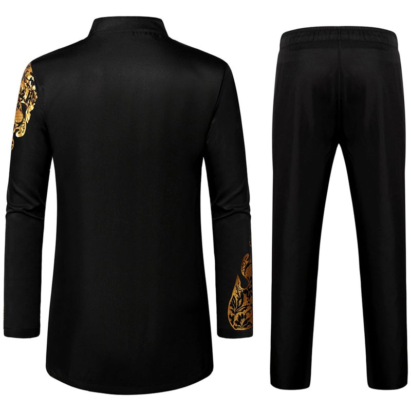 LucMatton Men's 2 Piece Outfits Long-Sleeve Button-Down African Dashiki Shirts and Pants Set Gold Foil Print Suits Black Gold Large - Image 2