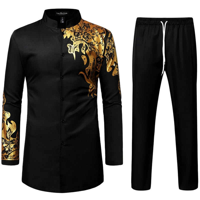 LucMatton Men's 2 Piece Outfits Long-Sleeve Button-Down African Dashiki Shirts and Pants Set Gold Foil Print Suits Black Gold Large - Image 1