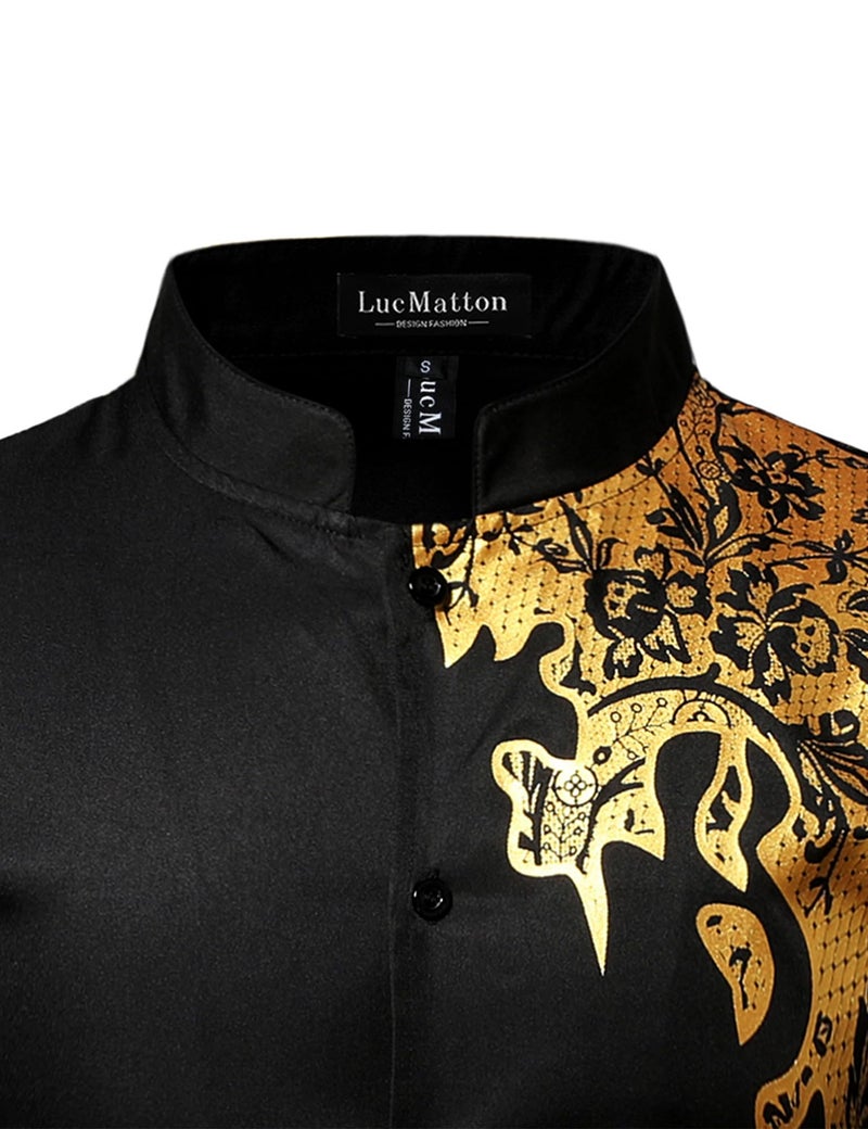 LucMatton Men's 2 Piece Outfits Long-Sleeve Button-Down African Dashiki Shirts and Pants Set Gold Foil Print Suits Black Gold Large - Image 3