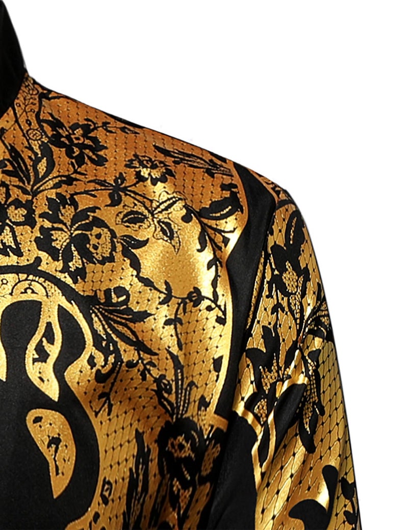 LucMatton Men's 2 Piece Outfits Long-Sleeve Button-Down African Dashiki Shirts and Pants Set Gold Foil Print Suits Black Gold Large - Image 4