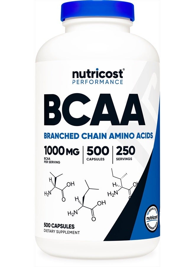 Nutricost BCAA 1000mg, 500 Capsules (250 Serv), 2:1:1 Branched Chain Amino Acids (500mg of L-Leucine, 250mg of L-Isoleucine and L-Valine)  - Image 1