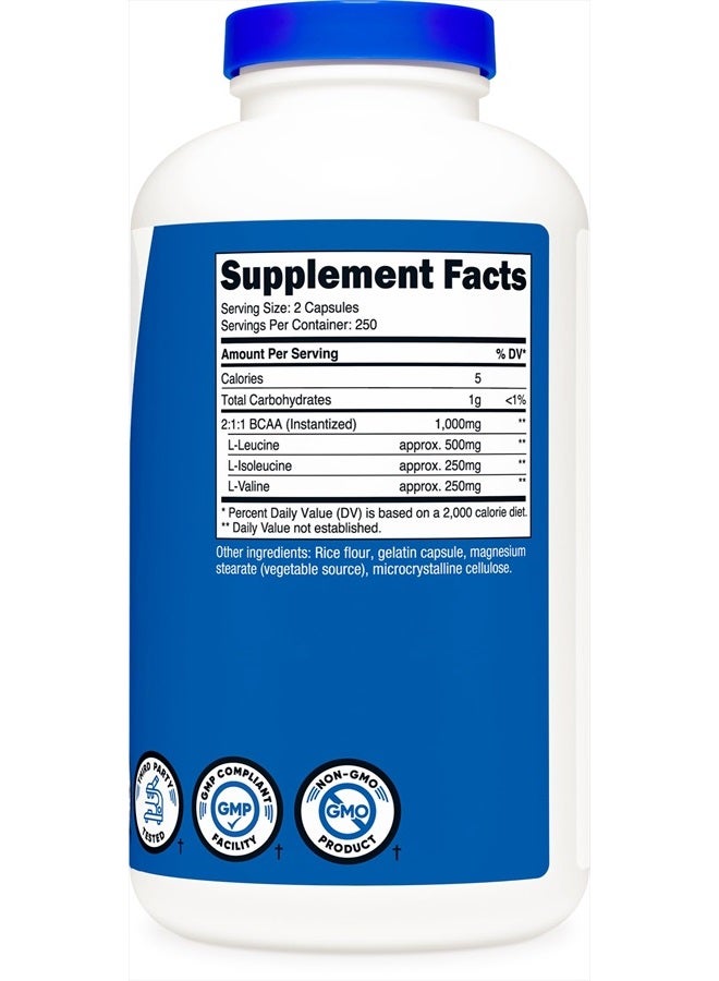 Nutricost BCAA 1000mg, 500 Capsules (250 Serv), 2:1:1 Branched Chain Amino Acids (500mg of L-Leucine, 250mg of L-Isoleucine and L-Valine)  - Image 3