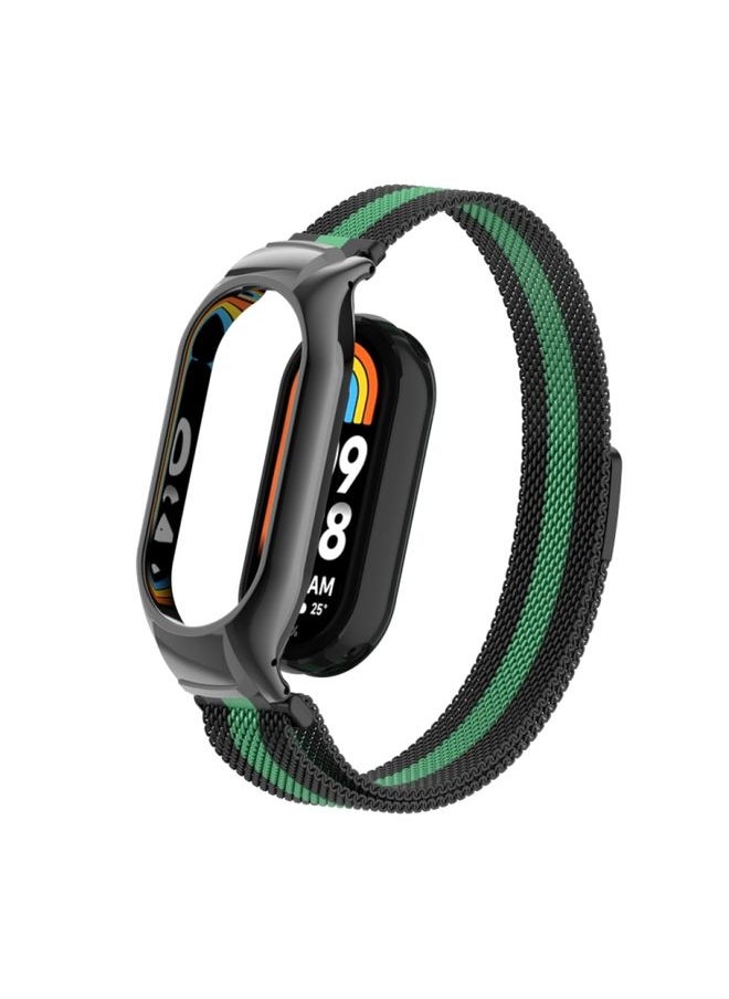 Generic - Replacement Strap For Xiaomi Mi Band 8 Integrated Metal Case + Milanese Magnetic Watch Band Black+Blue Sea - Image 1