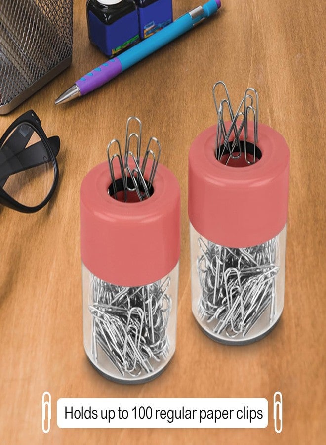 Acrimet Magnetic Paper Clip Holder Dispenser, Round Design, 100 Regular Paper Clip Capacity (Clear Crystal Base/ Pink Magnetic Lid) (2 pack) - Image 2