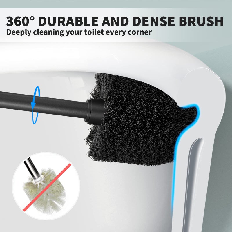 UPTRONIC Toilet Brush, Toilet Bowl Brush with Extra Long Handle Durable Bristles Toilet Scrubber and Covered Holder for Toilet Brush Set for Bathroom Cleaning (Black, 1 Set) - Image 2