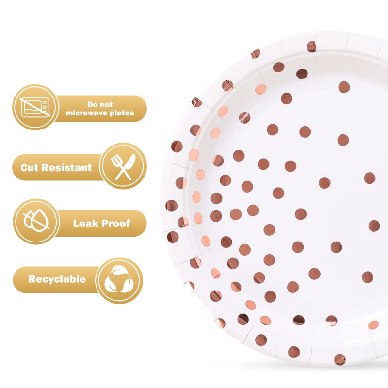 CENLBJ Rose Gold Paper Plates 100PCS White and Rose Gold Dots Party Paper Plates Disposable Dessert Plate Great for Birthday Wedding Bridal Showers Cocktail Party Anniversaries(7inch) - Image 3