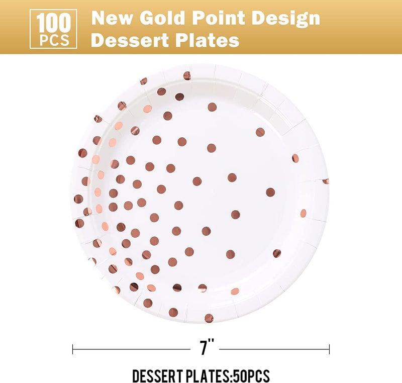 CENLBJ Rose Gold Paper Plates 100PCS White and Rose Gold Dots Party Paper Plates Disposable Dessert Plate Great for Birthday Wedding Bridal Showers Cocktail Party Anniversaries(7inch) - Image 1