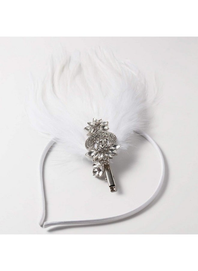 SWEETV SWEETV 1920s Feather Headpiece Flapper Headband, Roaring 20s Hair Accessories Great Gatsby Hair Clip White  - Image 2