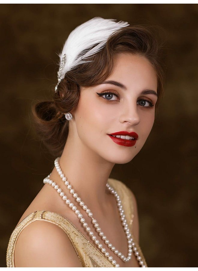 SWEETV SWEETV 1920s Feather Headpiece Flapper Headband, Roaring 20s Hair Accessories Great Gatsby Hair Clip White  - Image 3