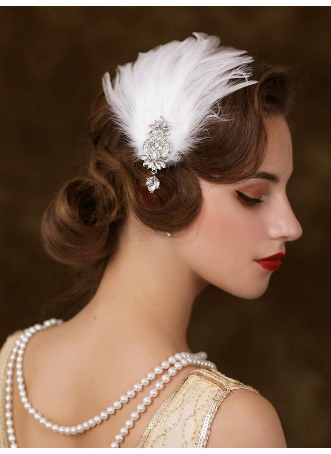 SWEETV SWEETV 1920s Feather Headpiece Flapper Headband, Roaring 20s Hair Accessories Great Gatsby Hair Clip White  - Image 4
