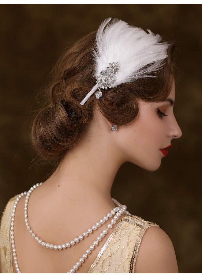 SWEETV SWEETV 1920s Feather Headpiece Flapper Headband, Roaring 20s Hair Accessories Great Gatsby Hair Clip White  - Image 5