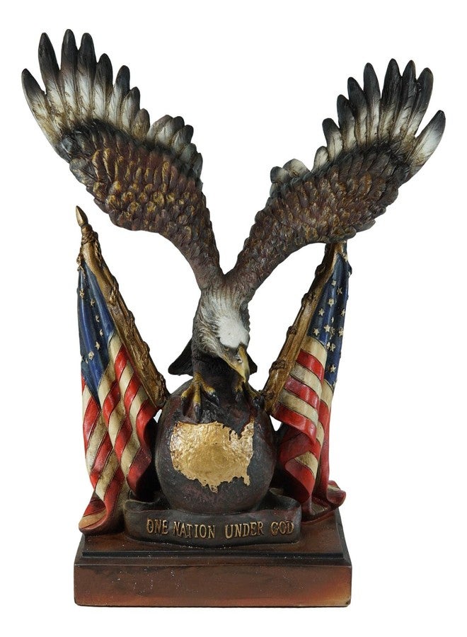 Ebros Gift Patriotic Wings of Glory Bald Eagle Resting On Globe with Map of America and 2 Star Spangled Banner Flags Figurine with Trophy Base One Nation Under God American Symbolic Statue - Image 1