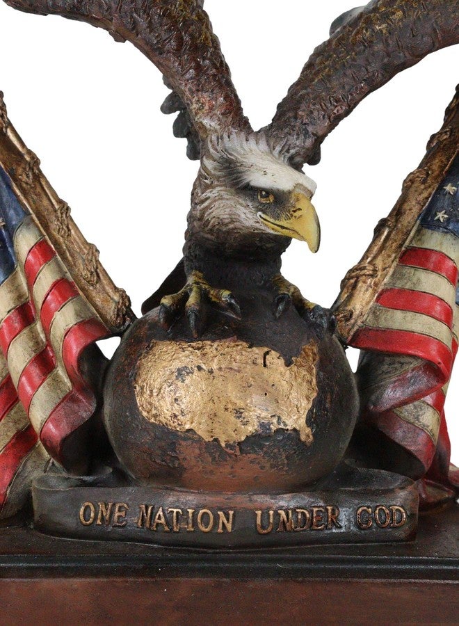 Ebros Gift Patriotic Wings of Glory Bald Eagle Resting On Globe with Map of America and 2 Star Spangled Banner Flags Figurine with Trophy Base One Nation Under God American Symbolic Statue - Image 3
