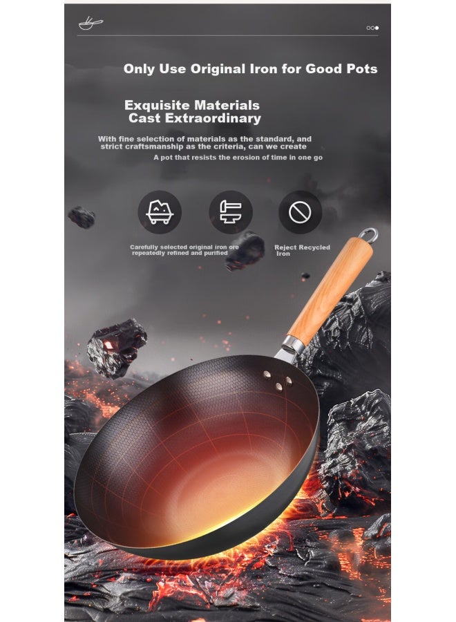 Supor Cast Iron Wok With Honeycomb Design, Non-coated Stir Fry Pan For Gas Stove And Induction Cooktop, 32cm With Lid - Image 2