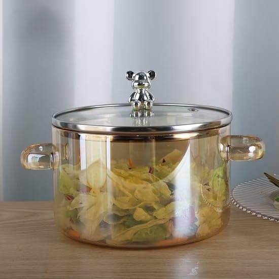 AZLVERA Clear Glass Simmer Pot with Lid for Cooking Potpourri Cookware Saucepan with Grip Handles with Cover Safe Clear Cooking Pots Glass Saucepan for Soup Milk Pasta Bear Pot 1200ML - Image 5