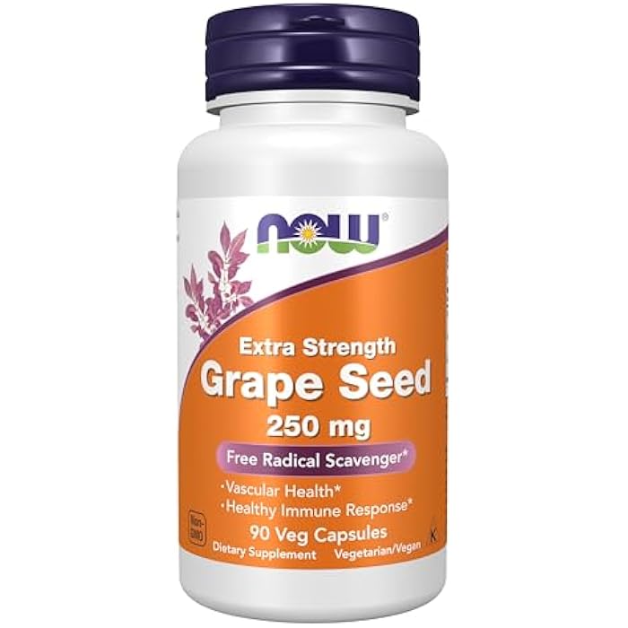 NOW Foods Supplements, Grape Seed (a Highly Concentrated Extract with a Minimum of 90% Polyphenols) Extra Strength 250 mg, 90 Veg Capsules - Image 1