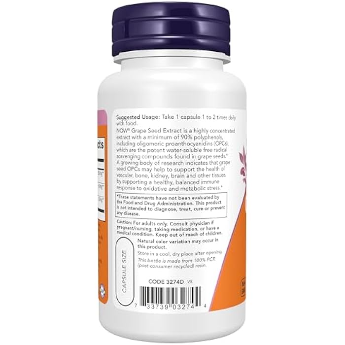 NOW Foods Supplements, Grape Seed (a Highly Concentrated Extract with a Minimum of 90% Polyphenols) Extra Strength 250 mg, 90 Veg Capsules - Image 3
