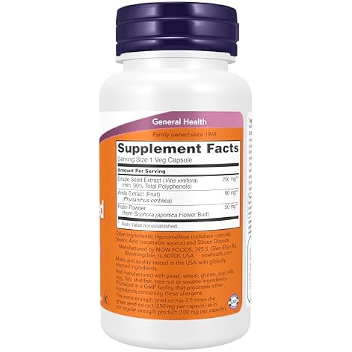NOW Foods Supplements, Grape Seed (a Highly Concentrated Extract with a Minimum of 90% Polyphenols) Extra Strength 250 mg, 90 Veg Capsules - Image 2