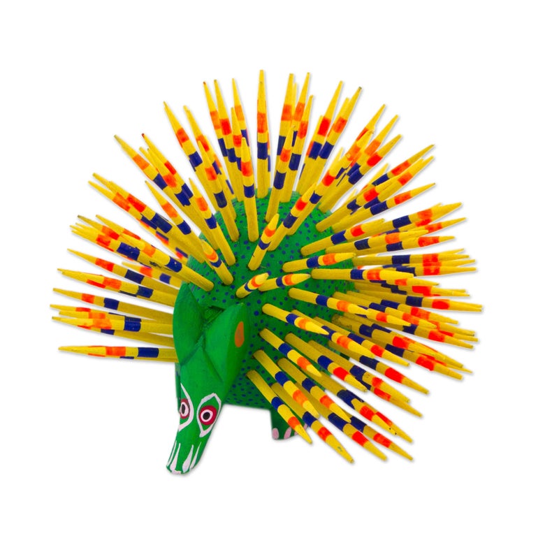 NOVICA Artisan Handmade Copal Wood Alebrije Yellow Green Porcupine Sculpture Mexico Painted Cultural Folk Art [3.1in H x 3.7in W x 3.7in D] ' Cute Porcupine' - Image 1
