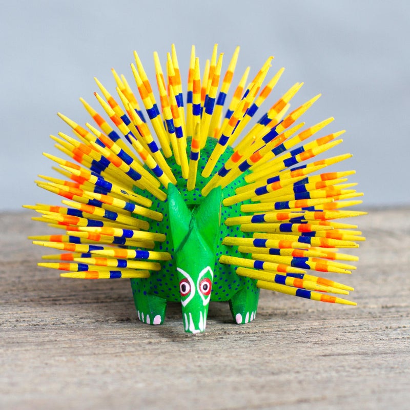 NOVICA Artisan Handmade Copal Wood Alebrije Yellow Green Porcupine Sculpture Mexico Painted Cultural Folk Art [3.1in H x 3.7in W x 3.7in D] ' Cute Porcupine' - Image 2