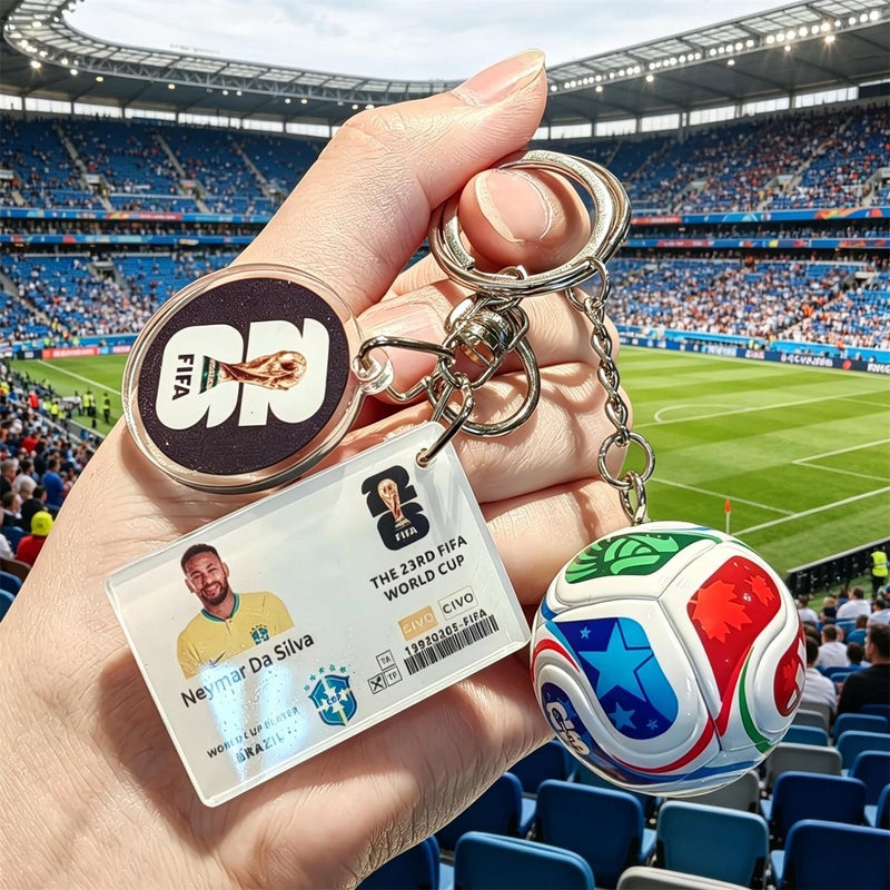 Football keychains featuring Messi, Neymar, Mbappe, and Ronaldo; US, Canada, and Mexico ornaments; 2026 World Cup small gifts.