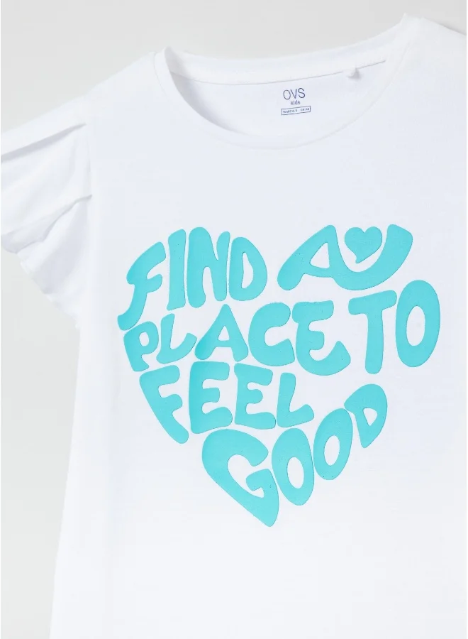 او في اس Ovs Cotton T-Shirt With Printed Lettering