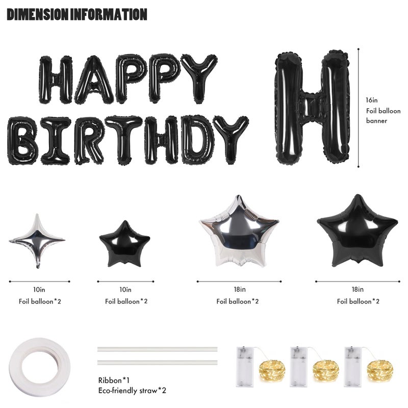 CANREVEL Happy Birthday Banner 13pcs 16 Inch Mylar Foil Letters Sign with 8pcs Star Balloons & LED Lights Birthday Party Decorations for Kids and Adults - 3D Black - Image 2
