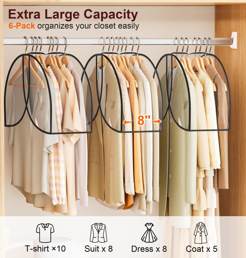 MISSLO 8" Gusseted Shoulder Cover 6-Pack Wide Garment Covers for Clothes Storage Clear Plastic Clothes Cover for Hanging Dustproof Clothes Protectors for Hanging Clothes for Suits, Shirts, Coats - Image 2