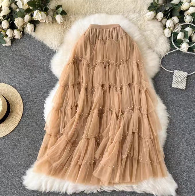 Heavy-duty Beaded Mesh Skirt Stitching Cake High Waist Slimming Skirt Skirt Mid-length Fairy Skirt Khaki  - Image 1