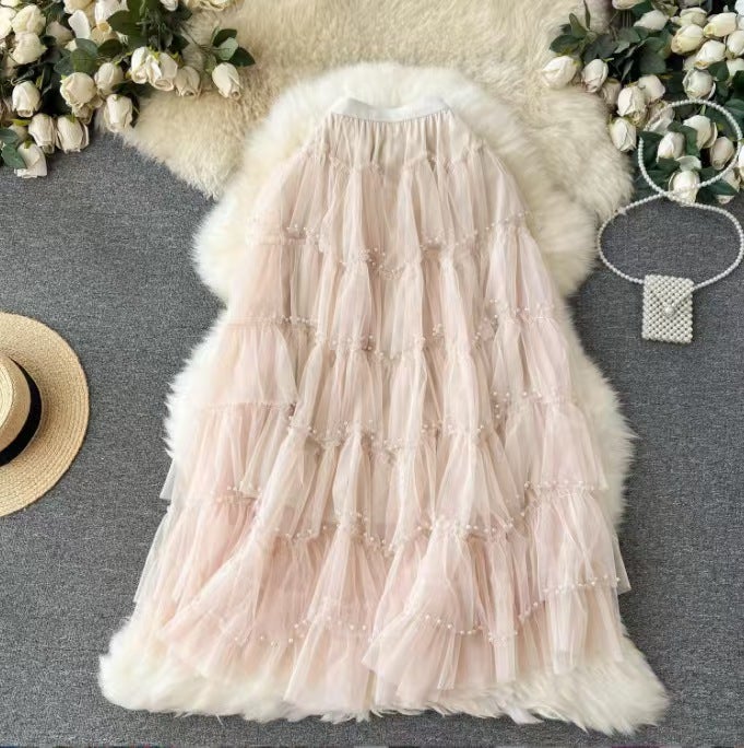 Heavy-duty Beaded Mesh Skirt Stitching Cake High Waist Slimming Skirt Skirt Mid-length Fairy Skirt Khaki  - Image 2