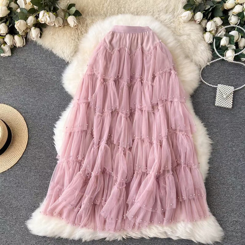 Heavy-duty Beaded Mesh Skirt Stitching Cake High Waist Slimming Skirt Skirt Mid-length Fairy Skirt Khaki  - Image 4