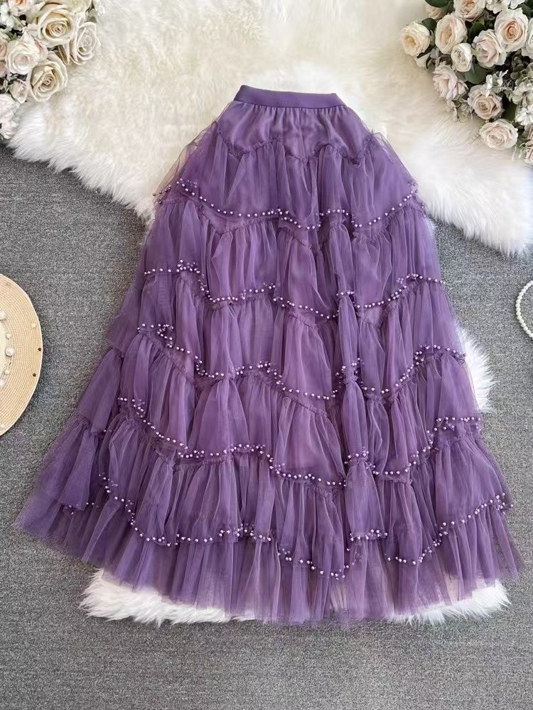 Heavy-duty Beaded Mesh Skirt Stitching Cake High Waist Slimming Skirt Skirt Mid-length Fairy Skirt Khaki