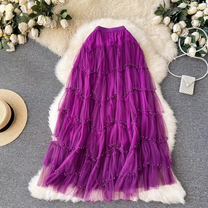 Heavy-duty Beaded Mesh Skirt Stitching Cake High Waist Slimming Skirt Skirt Mid-length Fairy Skirt Khaki  - Image 5