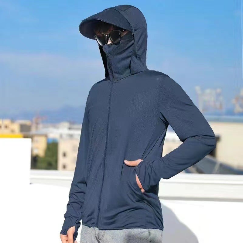 Generic Ice Silk Sun Protection Clothing Mens Summer Hooded Windbreaker Ultra-thin Breathable Outdoor Fishing Sun Protection Suit Coat Jacket Navy Blue [F03]] 