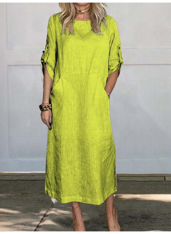 European And American Spring And Summer Explosions Women's Independent Station Cotton And Linen Solid Color Casual Round Neck Double Side Pocket Long Dress 