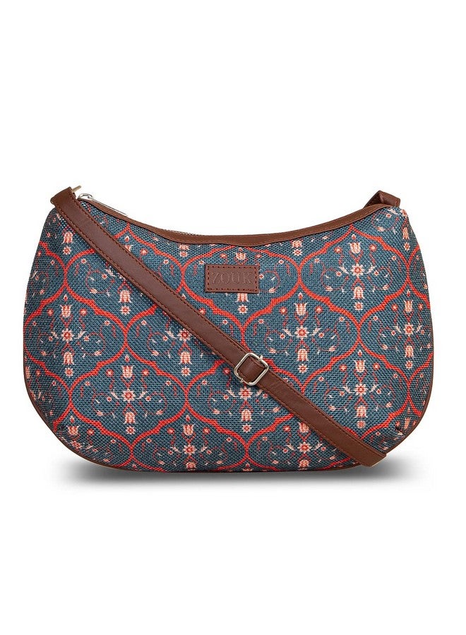 ZOUK Women's Handcrafted Blue Printed Cross Body Sling Bag for Office and College - Image 3