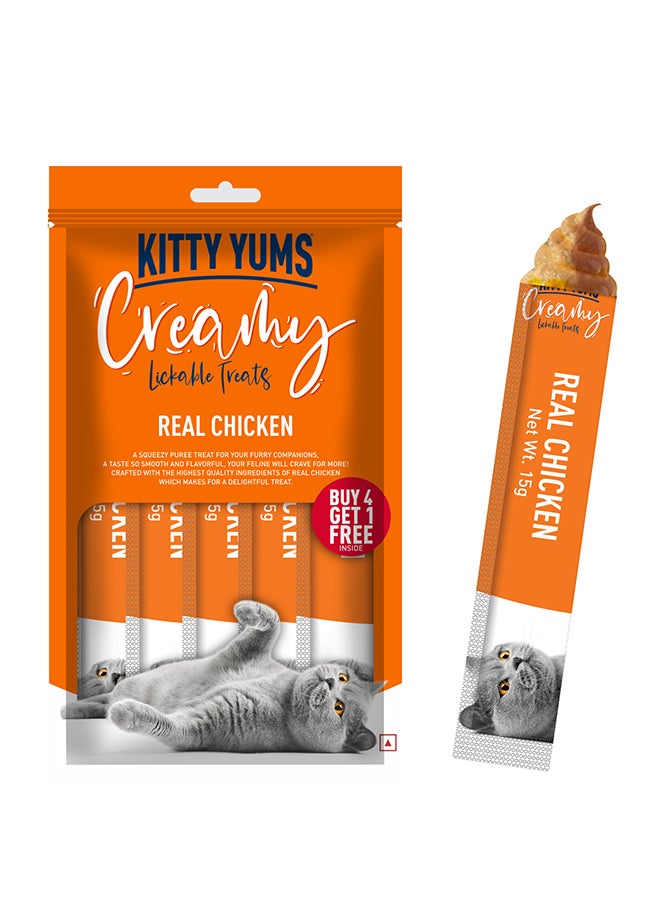 Kitty Yums Creamy Lickable Cat Treats  Real Chicken 5 x 15g - Image 1