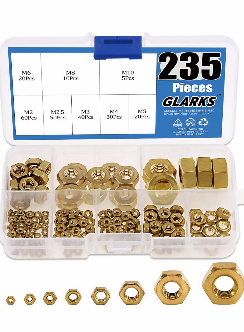 Excefore 235Pcs Metric Brass Hex Nuts Assortment Kit for Screw Bolt High-Strength (M2 M2.5 M3 M4 M5 M6 M8 M10) - Image 1