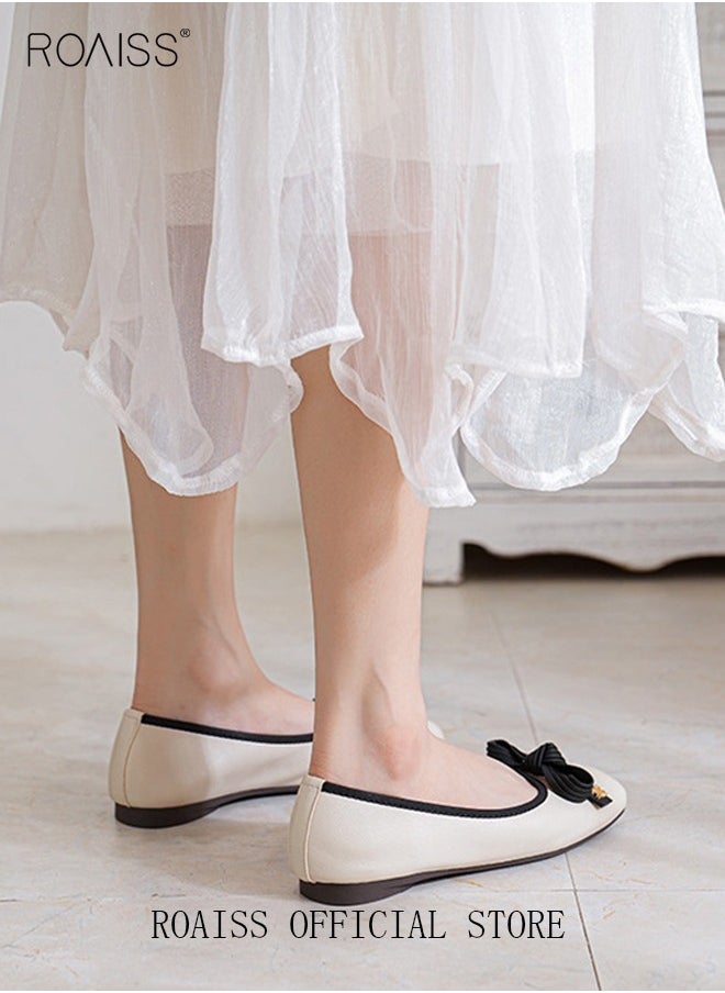 roaiss - Square Toe Shallow Mouth Shoes with Soft Sole  Flat Single Shoes Stylish and Versatile Bow Element on Toe - Image 1