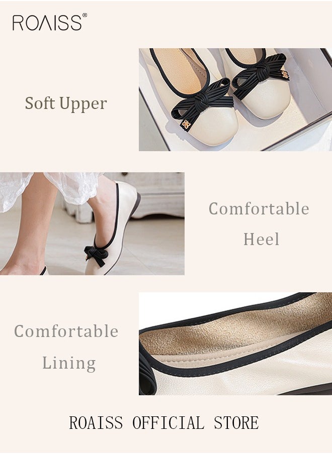 roaiss - Square Toe Shallow Mouth Shoes with Soft Sole  Flat Single Shoes Stylish and Versatile Bow Element on Toe - Image 1