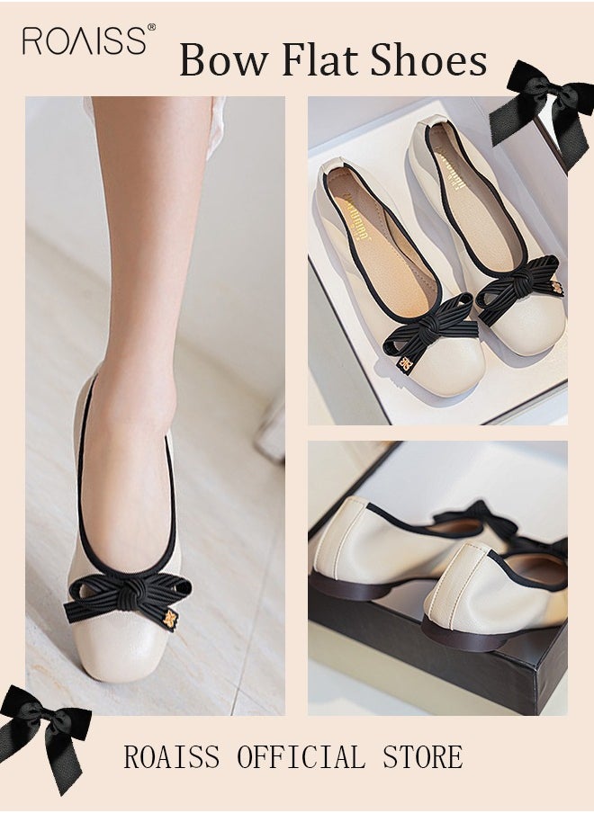 roaiss - Square Toe Shallow Mouth Shoes with Soft Sole  Flat Single Shoes Stylish and Versatile Bow Element on Toe - Image 1