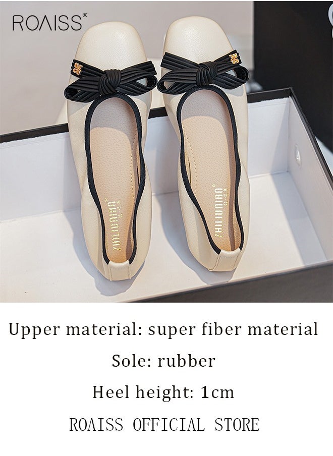 roaiss - Square Toe Shallow Mouth Shoes with Soft Sole  Flat Single Shoes Stylish and Versatile Bow Element on Toe - Image 1