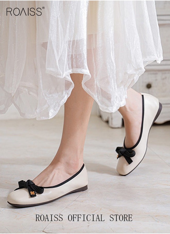 roaiss - Square Toe Shallow Mouth Shoes with Soft Sole  Flat Single Shoes Stylish and Versatile Bow Element on Toe - Image 1