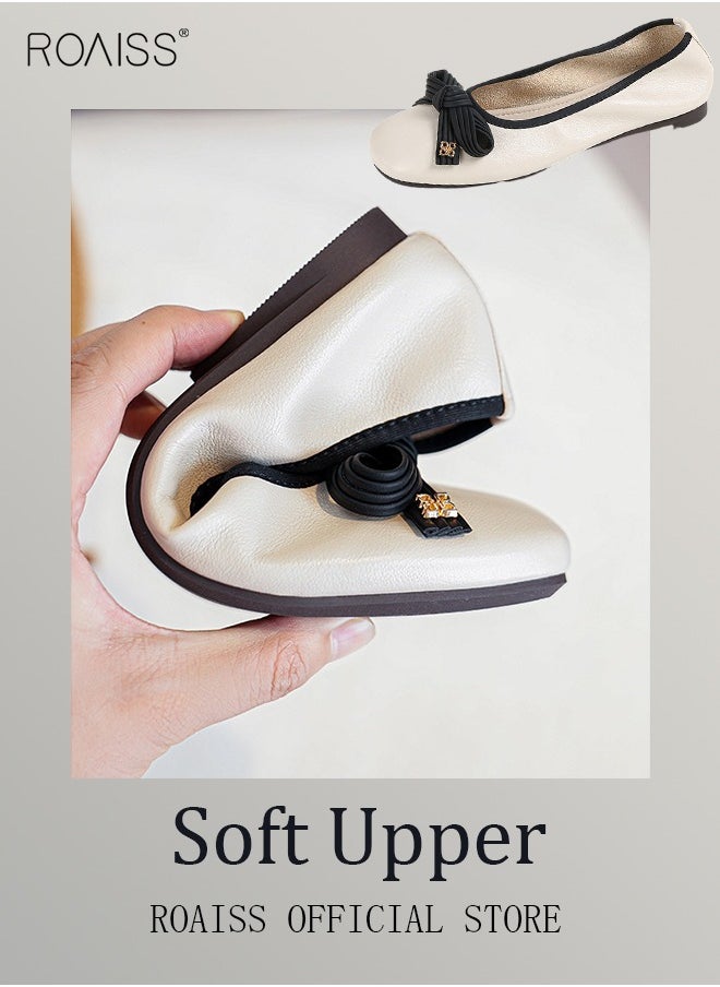 roaiss - Square Toe Shallow Mouth Shoes with Soft Sole  Flat Single Shoes Stylish and Versatile Bow Element on Toe - Image 1