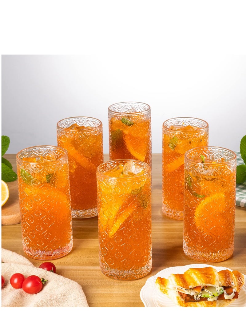 SYOSI Vintage Glassware Highball Drinking Glasses, 4 Pcs 14 oz Cocktail Glasses, Crystal Tumblers, Clear Embossed Glass Cups, Floral Glass Cups Embossed Juice Water Coffee Cups, Iced Beverage Glass - Image 5