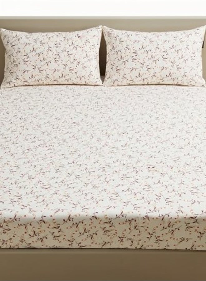 Elegant Floral Vine Print Queen Size Bedsheet Set – 3 Piece Bedding Set with 1 Flat Bedsheet & 2 Pillow Covers – Soft Breathable Fabric for Bedroom Décor – Cream & Burgundy Botanical Design