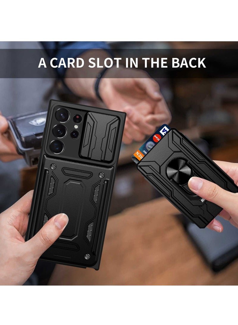 Samsung Galaxy S23 Ultra Mobile Phone Case Cover with Card Holder, Slide Camera Lens Cover, 360°Rotating Kickstand Ring, Bumper Shockproof Phone Case  - Image 5