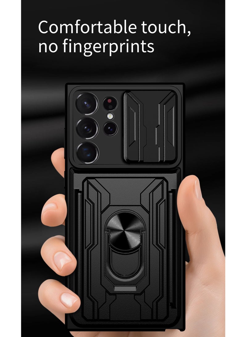 Samsung Galaxy S23 Ultra Mobile Phone Case Cover with Card Holder, Slide Camera Lens Cover, 360°Rotating Kickstand Ring, Bumper Shockproof Phone Case  - Image 3